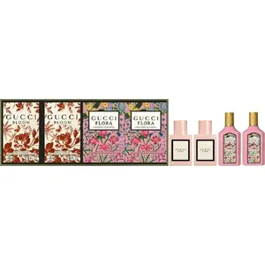 Perfume set — 2×5 ml Gucci Bloom EDP and 2×5 ml Flora Gorgeous Gardenia EDP, travel spray samples