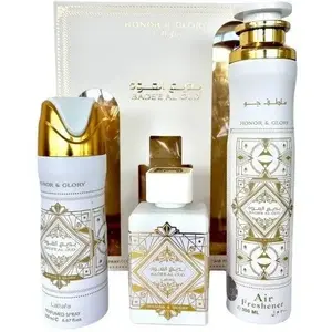 Komplekts LATTAFA Honor & Glory Badee Al Oud: EDP 100 ml, aromatizētais aerosols 200 ml, gaisa atsvaidzinātājs 300 ml
