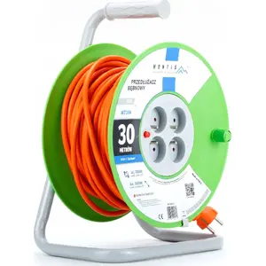 Pagarinātājs rullī MONTIS MT104-30 — 30 m kabelis, 4 kontaktligzdas (2P+Z) 16A, 3680W, vadi 3×1,5 mm², oranžs
