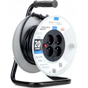 Удлинитель катушка MONTIS MT103-20 — кабель 20 м, 4 розетки 2P+Z, 10 A, 3×1 мм², IP20, чёрный