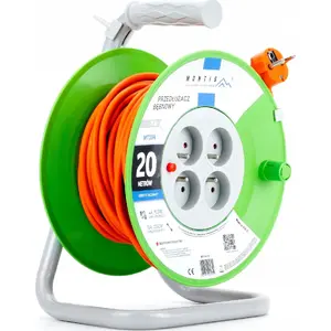 Extension reel MONTIS MT104-20, 20 m cable, 4 sockets 2P+Z, 10 A 2300 W, 3×1 mm², orange