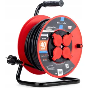 Катушка-удлинитель MONTIS MT105-40 — 4 розетки (2P+Z), IP44, 16A 3680W, 3×1,5 мм², 40 м, чёрный