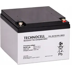 Noslēgta AGM svina-skābes akumulatora Technocell TCL26-12 12V 26Ah — bezapkopes barošanas avots