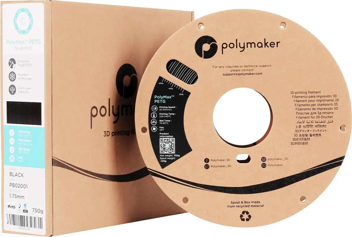 Poly PB02001 PETG 1.75 mm melna 750 g pavediens Photo 2