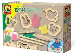Modeling dough set KESPER SES Creative Eco with wooden tools — multicolour, 3×90 g, rolling pin