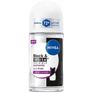 Roll-on dezodorants Nivea Black & White Authentic 50 ml — antiperspirants, aizsardzība pret baltajiem traipiem