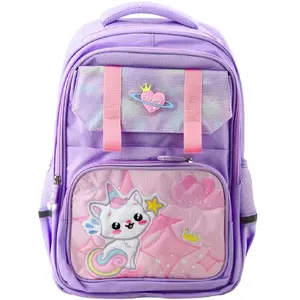 School backpack Lean model 22019 with white cat print, purple, chest strap, 20 L