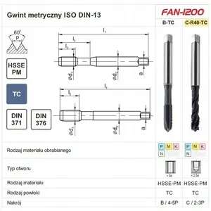 Tap FANAR M8 DIN 376C R40 (6H) HSSE-PM TiCN — cutting tap for metric M8 threads