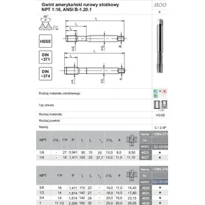 Tap FANAR GWINTOWNIK NPT 1"-11.1/2 DIN-374C HSSE 800 — NPT 1"-11.1/2 thread, DIN 374C, HSSE