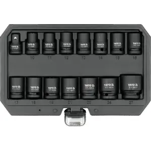 Urbjošu īso ligzdu komplekts YATO YT-10253 — 1/2", 15 gab., 10–27 mm