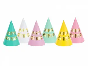 Party hat PartyDeco Happy Birthday, cone 16 cm, multicolour, pack of 6