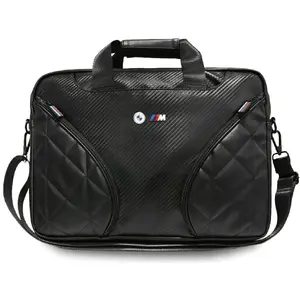 Сумка для ноутбука BMW Carbon Pockets & Metal Logo 16" черная — для 16" ноутбуков, с мягкой подкладкой и плечевым ремнем