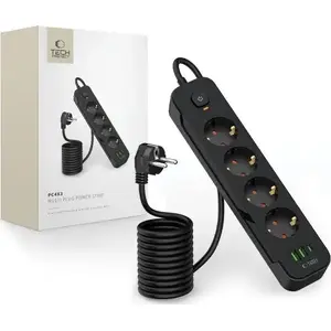 Сетевой удлинитель Tech‑Protect PCL4X3 — 4 розетки, 2 USB‑A и 1 USB‑C, кабель 2,0 м, чёрный