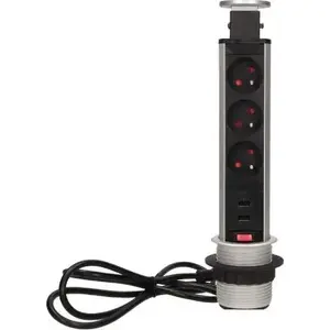 Iebūvējama mēbeļu elektroizvads ORNO OR-AE-1349, 3×250V AC kontaktligzdas, iebūvēta USB lādētāja, bloķēšana, vads 1,8 m, sudraba