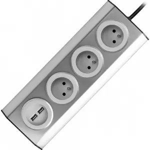 Mēbeļu/virtuves kontaktligzda ORNO FS-4 ar vadu 1,5 m — 3x2P+Z ligzdas un 2x USB, nerūsējošais tērauds (INOX)