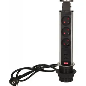 Iebūvējamā izvelkamā mēbeļu kontaktligzda ORNO OR-AE-1350 — 3×250V AC, izvelkama no virsmas, USB lādētājs, bloķēšana, kabelis 1,8 m
