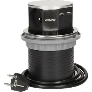 Iebūvējams mēbeļu kontaktligzda ORNO OR-AE-1381, 3x 2P+Z ligzdas, 2x USB, 1,5 m kabelis, nerūsējošais tērauds, Ø10 cm