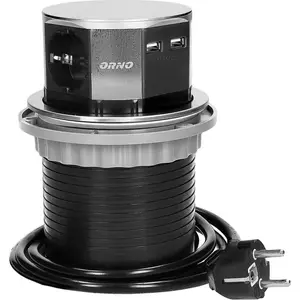 Iebūvējamā mēbeļu kontaktligzda ORNO OR-AE-1381(GS) 3x2P+Z kontaktligzdas, 2x USB, 1,5 m vads, Ø10 cm, nerūsējošais tērauds