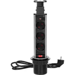 Furniture pop-up power outlet ORNO OR-AE-1348(GS) recessed 6 cm with safety lock and 1.8 m cable, 3×2P+E (Schuko), stainless steel