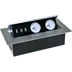Flush-mounted desktop power outlet ORNO OR-AE-1324/G with 3×USB and 2×230V AC, silver