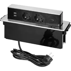 Встраиваемая мебельная выдвижная розетка ORNO OR-GM-9016: 2x 2P+Z (Schuko), 2x USB-A, HDMI, кабель 2 м, плоский фрезерованный кант, чёрно‑серебристая INOX