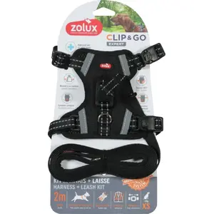 Dog harness and leash set PETSTORY CLIP&GO XS — black, size XS