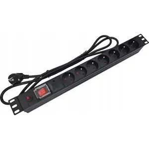 Barošanas sloksne Alantec 19" 230V — 7 kontaktligzdas (tips E CEE 7/5), slēdzis ar LED, kabelis 1,8 m CEE 7/7 (PZ021)