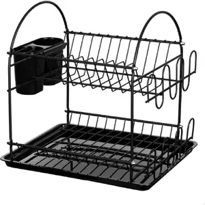 Dish drying rack with drainer Brunbeste 2301 — two-level countertop dish dryer, black