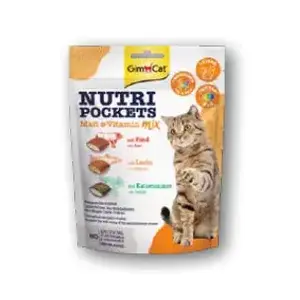 Kaķu kārumi GimCat Nutri Pockets 150 g — pieaugušiem kaķiem, liellops, kaķumētra, lasis