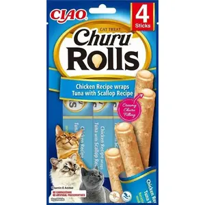 Лакомство для кошек Inaba Foods Churu Rolls Курятина и тунец с гребешком 40 г