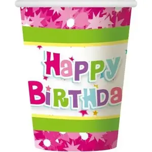 Paper Cups GoDan Happy Birthday pink — disposable paper party cups