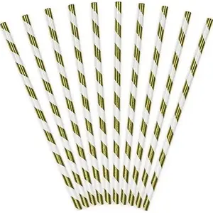 Paper Drinking Straws PartyDeco, striped gold, 19.5 cm, 10 pcs