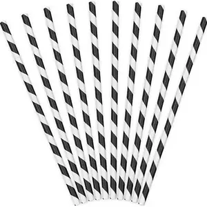 Paper Drinking Straws PartyDeco, striped black, 19.5 cm, pack of 10