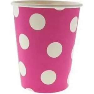 Paper Party Cups GoDan Groszki różowe — disposable paper cups with pink polka dot design