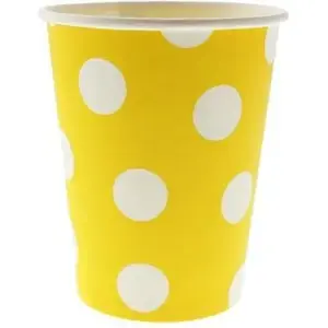 Paper cups GoDan Groszki żółte – disposable party cups, pack (design: yellow polka dots)