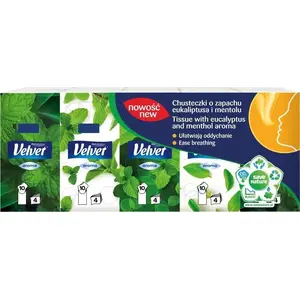 Facial tissues Velvet 4-ply with eucalyptus and menthol, 10 packs of 10 sheets, white