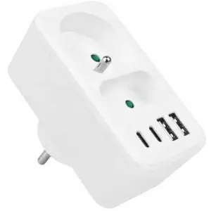 Power outlet adapter LTC LX9600: 1 round socket with earth, 1 flat socket, 2×USB-A, 2×USB-C, 3.1A, white