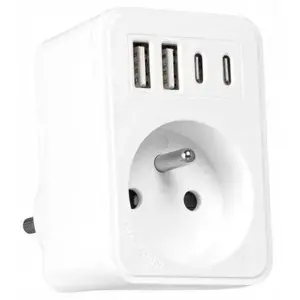 Power strip LTC model LX9604 — 1 round outlet with earth, 2×USB, 2×USB-C, White, 2×2.4A