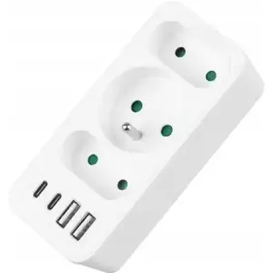 Power strip LTC LX9602 — 1 round socket with earth, 2 flat sockets, 2 USB-A + 2 USB-C (3.1A), white