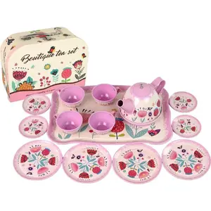 Игровой набор для чая и кофе в чемоданчике LEANToys — розовый, разные рисунки на блюдцах