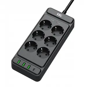 Удлинитель Plastrol W-00354 с 6 розетками 2p+Z SCHUKO, портами USB‑A и USB‑C, кабель 2 м