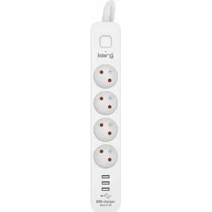 Strāvas sadalītājs Kerg M02415 ar slēdzi — 4 kontaktligzdas, 3 USB, kabelis 5 m, 16A, H05VV-F 3x1,5 mm², balti-pelēks
