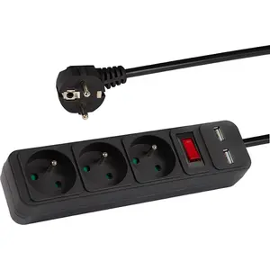Удлинитель BLOW PR-1.5M-3G-SW/USB/B — 3 заземлённых розетки + USB, кабель 1,5 м, 3×1,5 мм², выключатель, чёрный