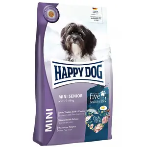 Suņu barība Happy Dog fit&vital Mini Senior — 4 kg, kucēniem mazām šķirnēm, jērs/putns/lasis, bez graudiem