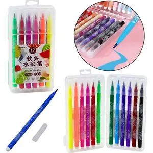 Watercolor Brush Pens Lean set of 12 in Organizer — portable watercolor markers, blendable tips