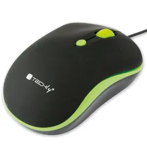 Проводная USB оптическая мышь TECHLY IM 1600-WT-BG — амбидекстр, 800–1600 DPI, 3 кнопки, USB Type-A, чёрно-зелёная