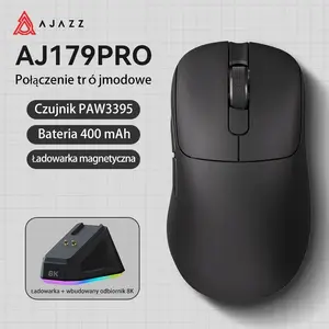 Беспроводная игровая мышь Ajazz AJ179PRO чёрная — сенсор Pixart 3395, до 8000 DPI, 3 режима, зарядная док-станция