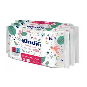 Mitro salvetīšu komplekts Kindii Sensitive bērniem, 3×60 gab., bez aromātiem, jutīgai ādai