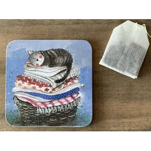 Coaster TEKA C17 'Cat on Laundry Basket' — decorative heat-resistant drink coaster