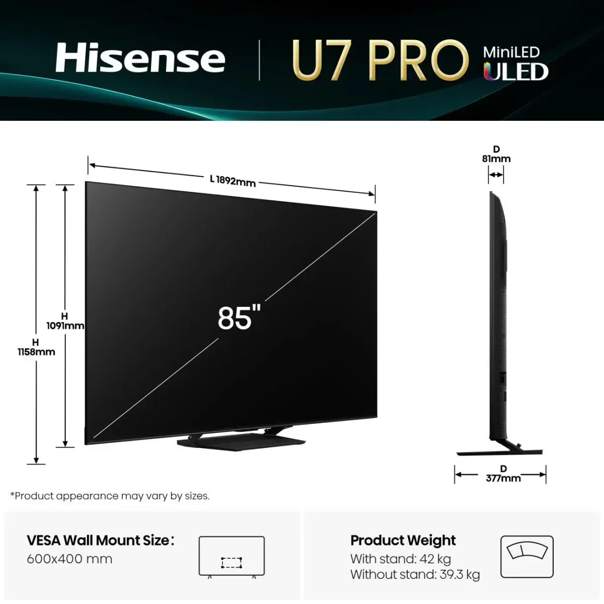 Hisense U7Q PRO 85" 4K ULED Smart TV Photo 2
